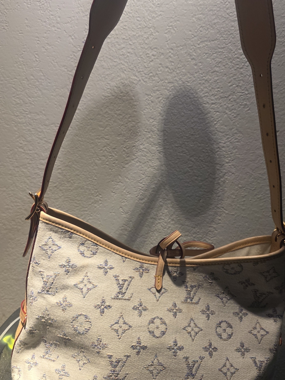 Louis Vuitton Cream Monogram Jaguard Shoulder Bag with Tan Trim and Blue Accents
